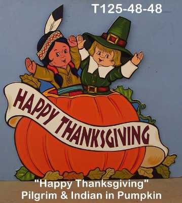 T125"Happy Thanksgiving" Pilgrim & Indian in Pumpkin